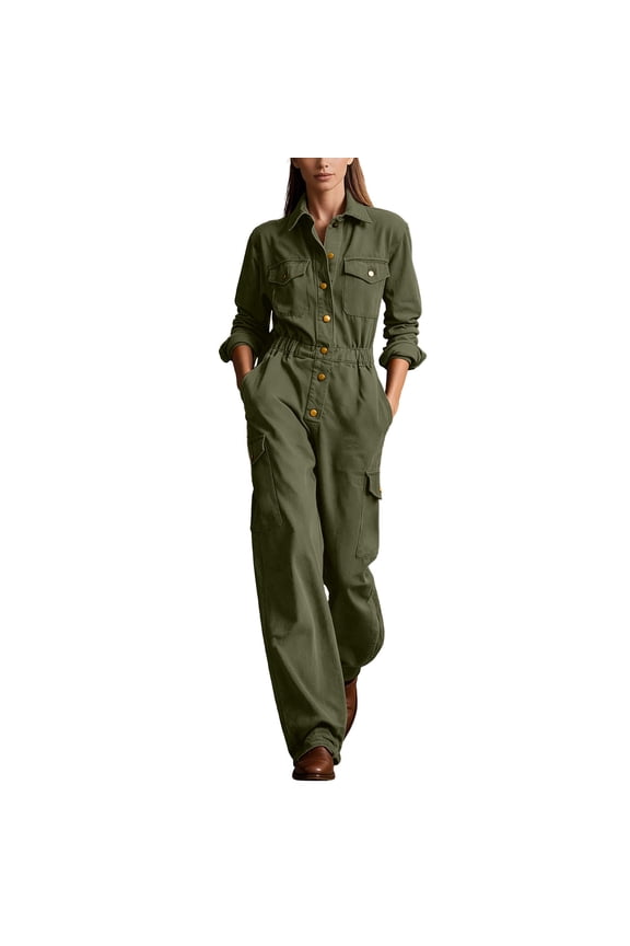 Women Collared Long Sleeve Workwear Utility Jumpsuit, Elastic Waistband Multi Pocket Wide Leg Style for Weekend Trip Army Green XL