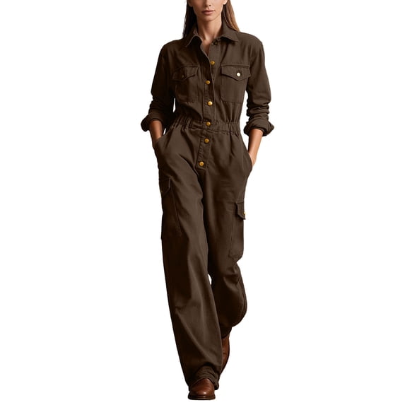 BVnarty Women Collared Long Sleeve Workwear Utility Jumpsuit, Elastic Waistband Multi Pocket Wide Leg Style for Weekend Trip Brown XXXL