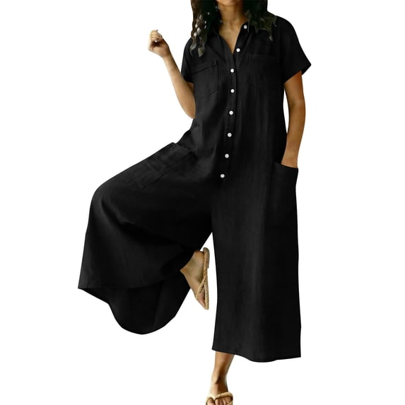 BVnarty Women Collared Short Sleeve Half Button Culotte Jumpsuit, Loose Relaxed Fit Multi Pocket Design for Backyard Gathering Black L