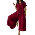 thumbnail image 1 of BVnarty Women Collared Short Sleeve Half Button Culotte Jumpsuit, Loose Relaxed Fit Multi Pocket Design for Backyard Gathering Red S, 1 of 7