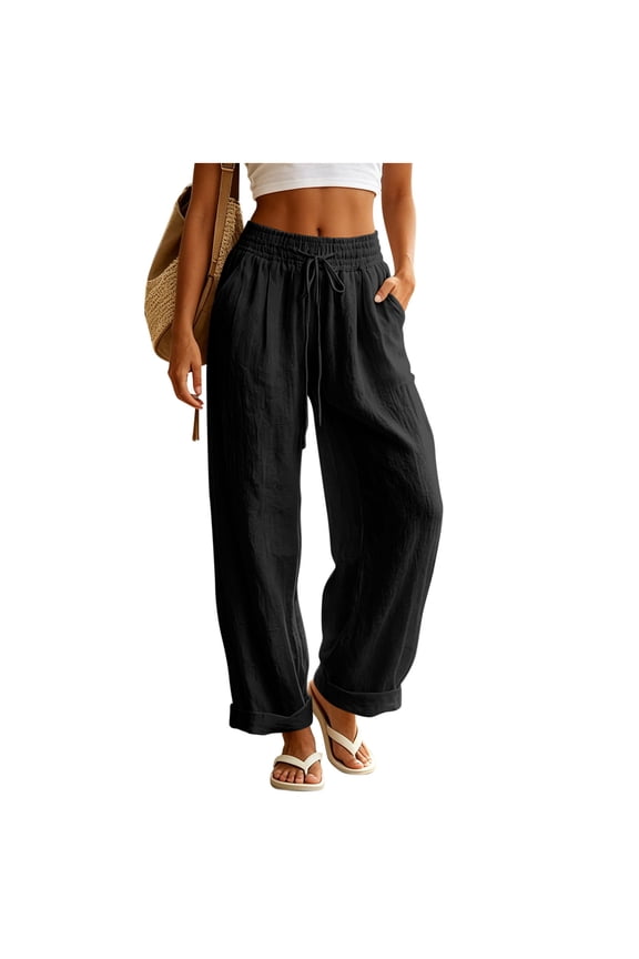 Women Drawstring Cuffed Wide Leg Trousers Pull On Waist Big Side Pockets Loose Relaxed Fit For Patio Tea Time And Backyard Casual Gatherings Black XXL
