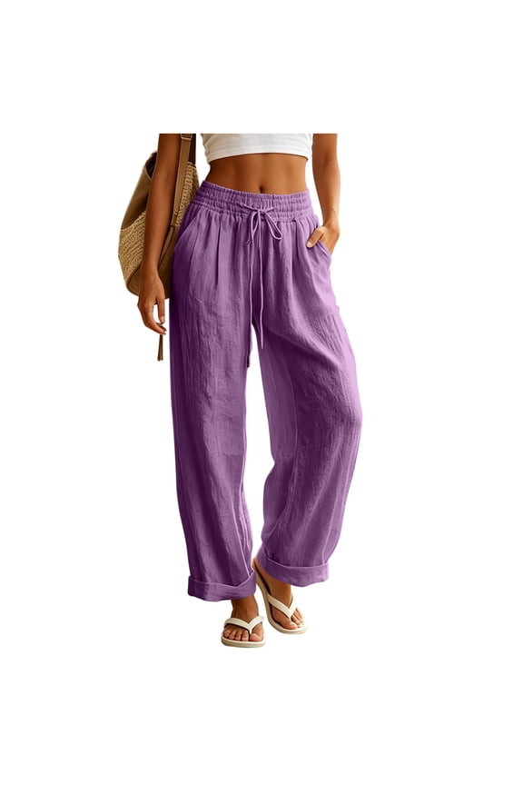 Women Drawstring Cuffed Wide Leg Trousers Pull On Waist Big Side Pockets Loose Relaxed Fit For Patio Tea Time And Backyard Casual Gatherings Purple XXL