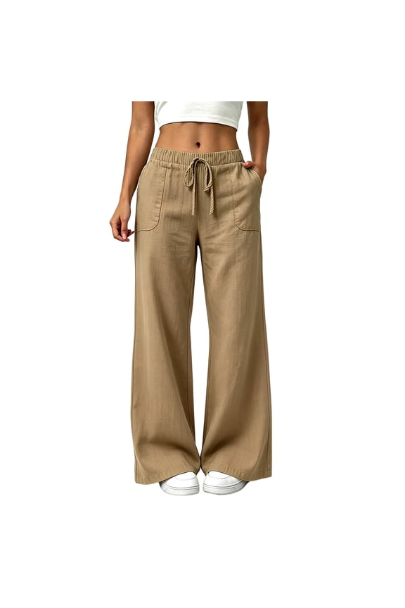 Women Drawstring Elastic High Waist Wide Leg Pants Front Patch Pockets Loose Full Length Cut for Coastal Vacations And Leisure Beachside Walks Khaki S