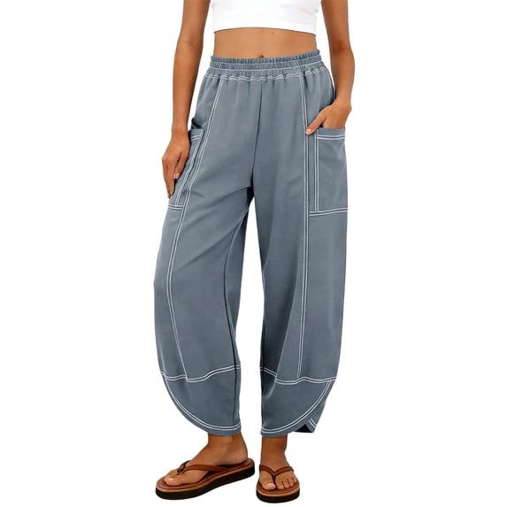 BVnarty Women Elastic Waist Contrast Stitch Cropped Harem Pants Oversized Patch Pockets Roomy Baggy Cut for Urban Street Shopping And Casual Day Trips Gray L