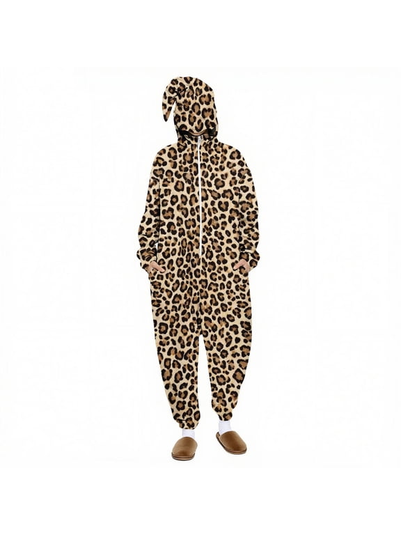 Women Halloween Hooded Point Tip Leopard Print Lounge Jumpsuit, Loose Jogger Fit With Built In Side Pockets for Holiday Meetup Multicolor XS