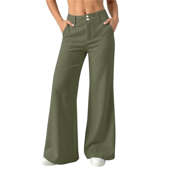 BVnarty Women High Rise Double Button Wide Leg Flare Pants Full Length Relaxed Draped Fit Side Pockets for Business Meetings And Daytime City Errands Army Green M