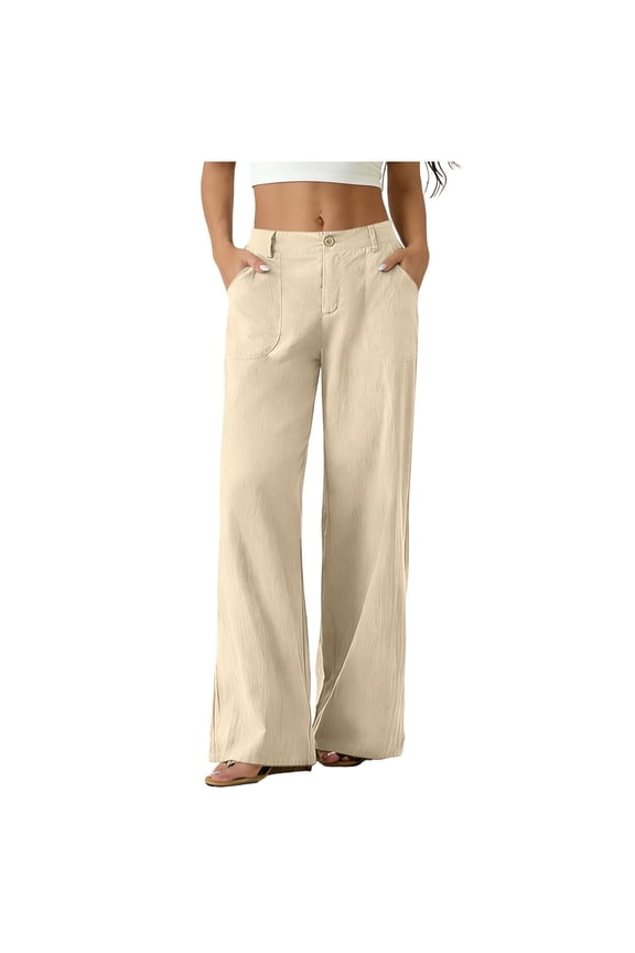 Women High Rise Front Patch Pocket Wide Leg Trousers Loose Baggy Cut Button Closure Side Pockets for Backyard Cookouts And Outdoor Holiday Parties Beige S