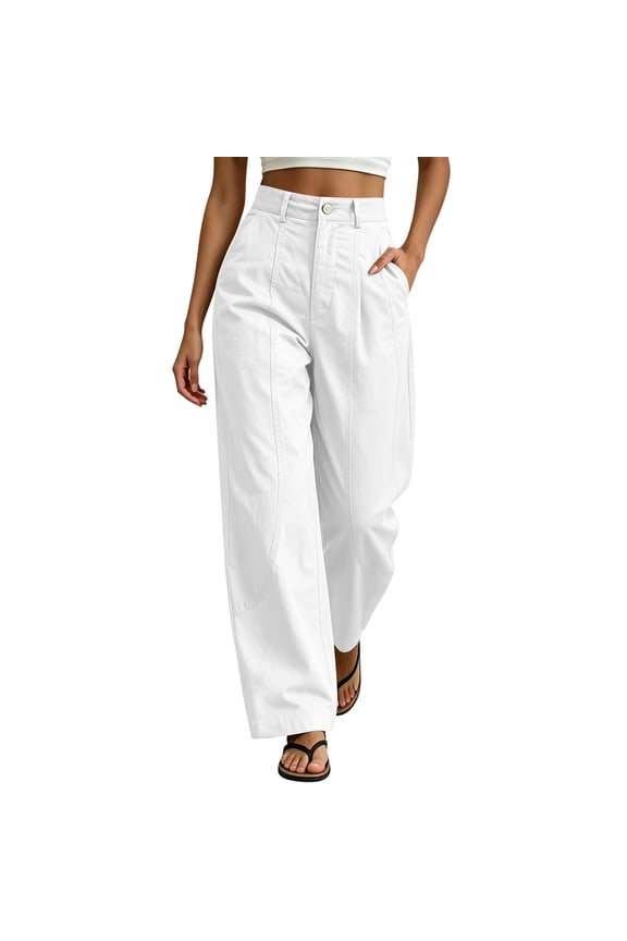 Women High Rise Pleated Wide Leg Cargo Trousers 3D Stitched Pockets Loose Draped Fit For Urban Street Style And Casual City Outings White S
