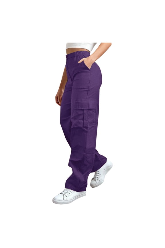 Women High Rise Wide Leg Cargo Trousers Side Big Patch Pockets Partial Elastic Waist Loose Cut For Road Trips And Short Self Driving Tours Purple XXL