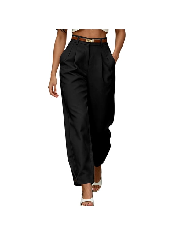 Women High Waist Pleated Front Barrel Trousers Ankle Button Cuffs Belt Loops Relaxed Fit For Office Work And Daily Business Errands Black M