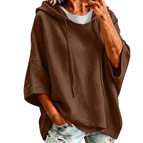 BVnarty Women Oversized 3/4 Sleeve Pullover Hooded Tunic Jacket, High Low Hem Loose Outerwear for Backyard Relax Time Brown XL