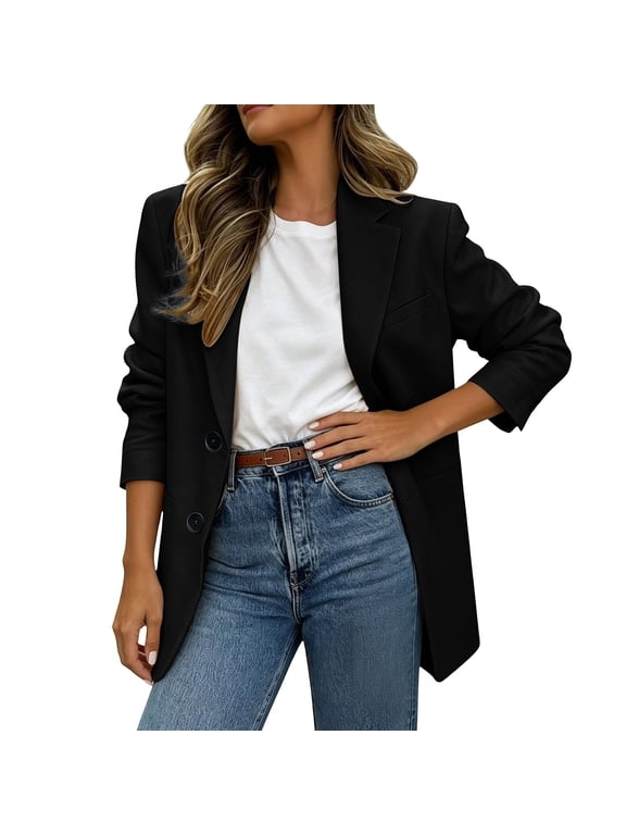 Women Oversized Notched Lapel Open Front Blazer Jacket, Loose Straight Cut Outerwear for Campus Brunch Black M