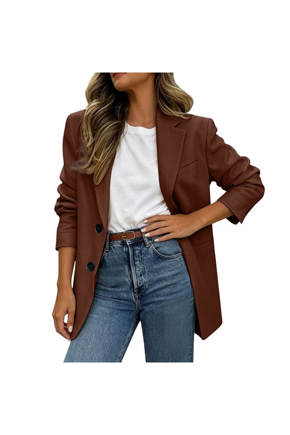 Women Oversized Notched Lapel Open Front Blazer Jacket, Loose Straight Cut Outerwear for Campus Brunch Brown XXL