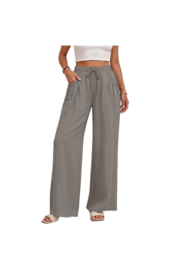 Women Pleated Drawstring Wide Leg Pants High Waist With Button Pockets Loose Cut For Small Town Strolls And Weekend Leisure Gray L