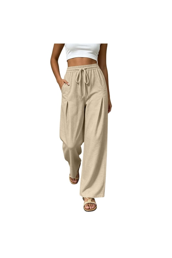 Women Pleated Waist Drawstring Wide Leg Pants Front Center Crease Loose Full Length Cut for Patio Tea Parties And Backyard Social Gatherings Beige S