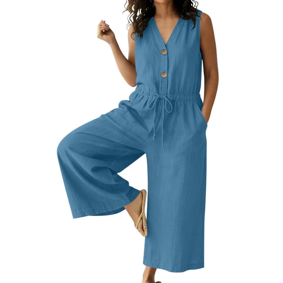 BVnarty Women Sleeveless V Neck Button Drawstring Culotte Jumpsuit, Linen Loose Fit for Coastal Vacation Blue L