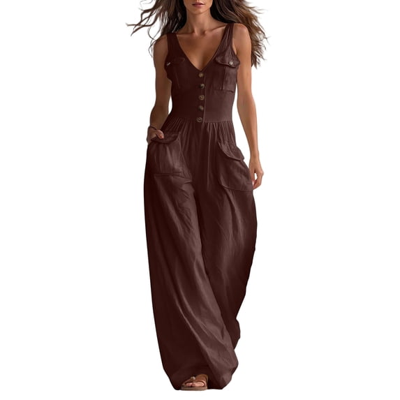 BVnarty Women Sleeveless V Neck Multi Pocket Utility Jumpsuit, High Waist Oversized Wide Leg Silhouette for Picnic Meetup Wine M