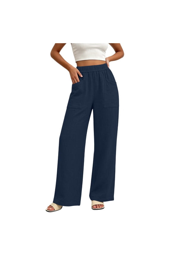 Women Smocked High Rise Wide Leg Straight Trousers Big Square Patch Pockets Loose Fit For Market Visits And Holiday Relaxation Navy S