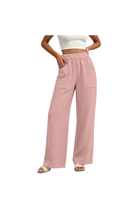 Women Smocked High Rise Wide Leg Straight Trousers Big Square Patch Pockets Loose Fit For Market Visits And Holiday Relaxation Pink S