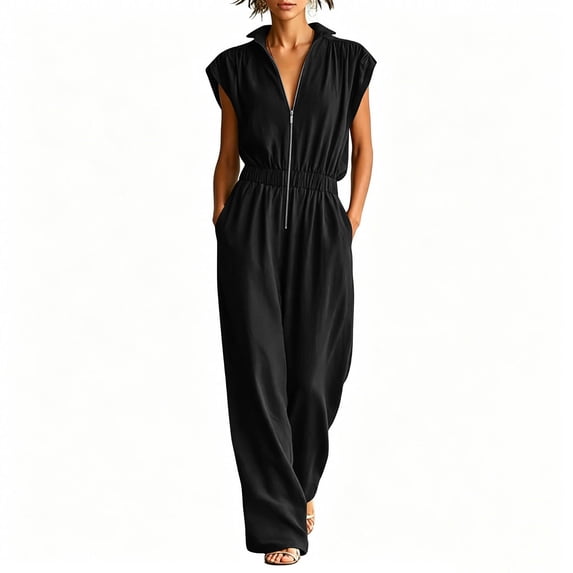 BVnarty Women Stand Collar Cap Sleeve Half Zip Wide Leg Jumpsuit, Elastic Waist Relaxed Cut Built In Side Pockets for Office Commute Black L
