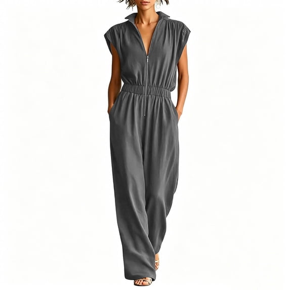 BVnarty Women Stand Collar Cap Sleeve Half Zip Wide Leg Jumpsuit, Elastic Waist Relaxed Cut Built In Side Pockets for Office Commute Dark Gray S