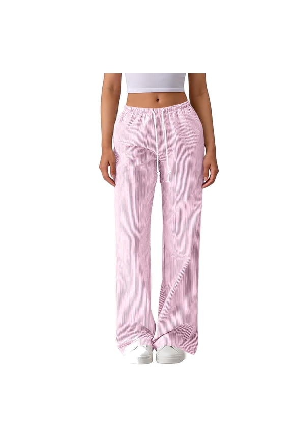 Women Thin Vertical Stripe Drawstring Wide Leg Pants High Rise Draped Cut Elastic Waist Side Pockets For Beach Vacations And Coastal Leisure Outings Pink M