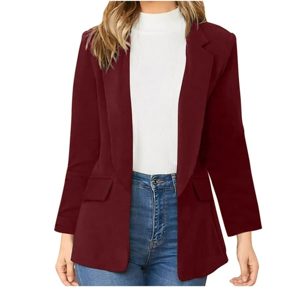 BVnarty Women's Business Coat Solid Color Suit Neck Long Sleeve Office Open Front Cardigans Suit Jacket Overcoat for Elegant Ladies Wine M