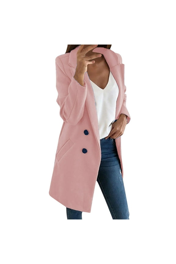 Women's Business Fashion Long Sleeve Office Coat Cardigans Suit Collar Long Solid Color Pocket Buttons Jacket for Autumn Pink S