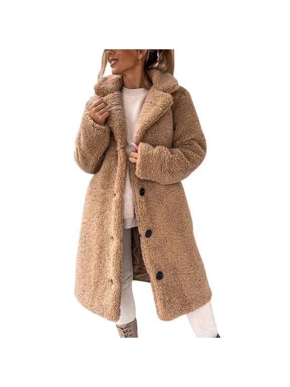 Women's Coat Loose Warm Wool Long Sleeved Notched Lapel Button Down Medium Long Ladies Cardigan for Autumn and Winter Khaki L