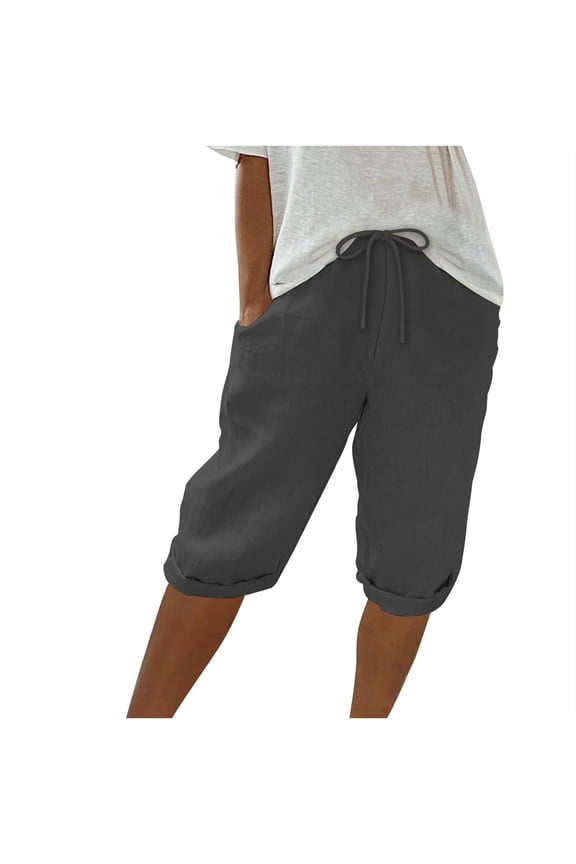 Women’s Drawstring Linen Capri Wide-Leg Pants With Cuffed Hems For Coastal Getaways And Weekend Casual Strolls Gray M