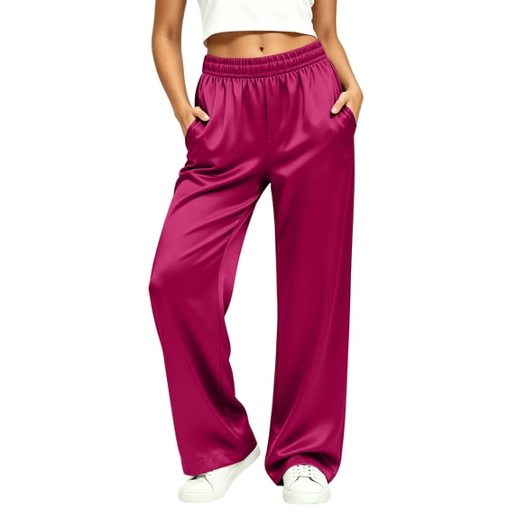 BVnarty Women's Elastic High Waist Flowy Wide Leg Pants with Side Pockets, Relaxed Fit Casual Trousers for Date Night Hot Pink L