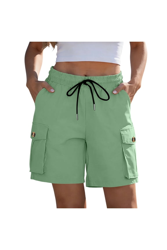Women’s High-Rise Drawstring Bermuda Cargo Shorts With Button Flap Pockets For Urban Day Trips And Rural Farm Supply Runs Green XXL