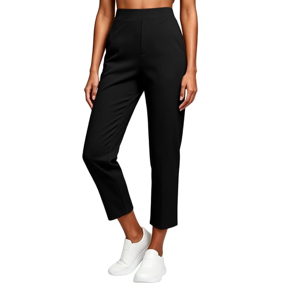 BVnarty Women's High Rise Straight Leg Ankle Dress Pants Pull On Wide Waistband Slim Fit with Pockets for Office Business Commute Black L