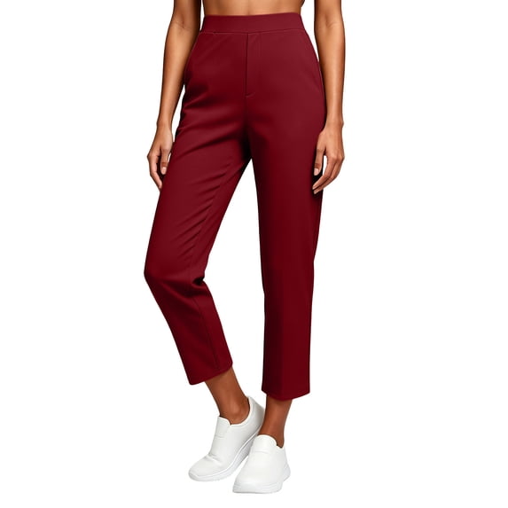 BVnarty Women's High Rise Straight Leg Ankle Dress Pants Pull On Wide Waistband Slim Fit with Pockets for Office Business Commute Wine M
