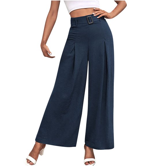 BVnarty Women's High Waist Wide Leg Palazzo Pants with Belt Loose Casual Fit Long Trousers Office Work Culottes Blue S
