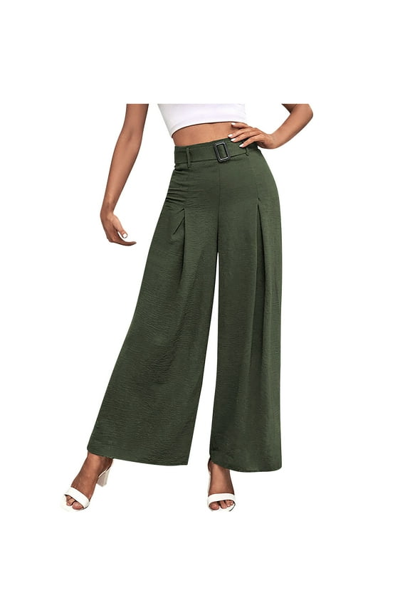 Women's High Waist Wide Leg Palazzo Pants with Belt Loose Casual Fit Long Trousers Office Work Culottes Green M