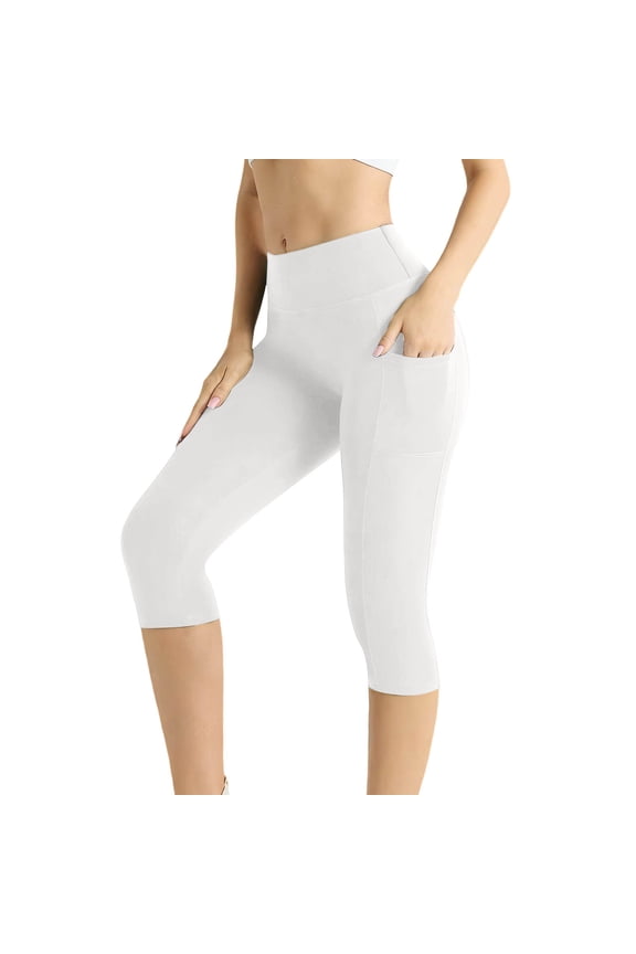Women's High Waist Yoga Capri Leggings, Soft Breathable Fabric Workout Capris with Side Pockets for Active Lifestyle White S