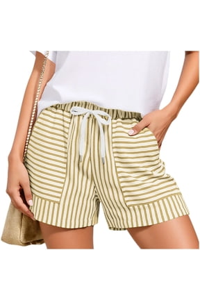 Women’s Horizontal Striped Patchwork Pull-On Shorts With Elastic Waist, Loose Straight Cut For Short Seaside Getaway Trips Yellow S