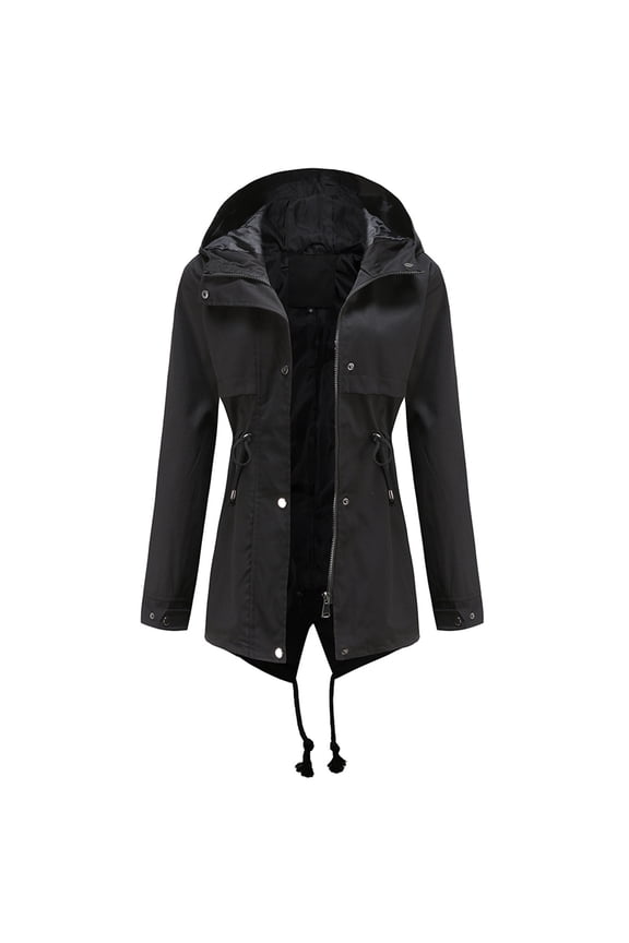 Women's Jacket Coat Shacket Jacket Casual Plus Size Long Sleeve Solid Color Lightweight Hooded Neck Waterproof Drawstring Pocket Winter Fashion Top Black XXXL