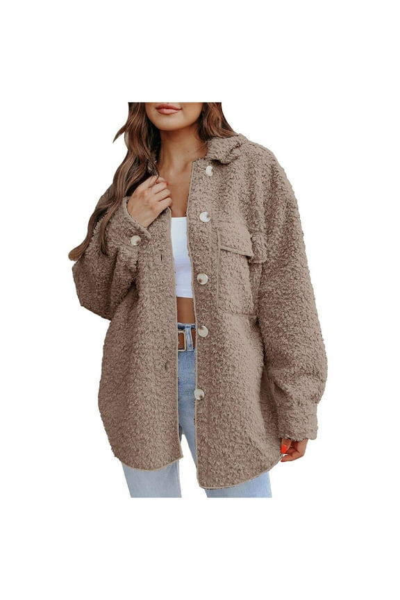 Women's Jacket Solid Button Turndown Collar Pocket Loose Button Down Warm Medium And Long Coat for Winter Coffee M