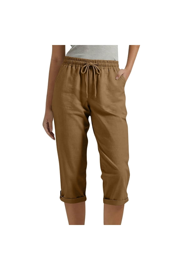 Women's Linen Blend Capri Pants, Elastic Drawstring Waist Cuffed Hem Capris with Pockets for Hot Summer Days Brown L