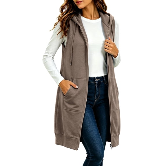 BVnarty Women's Long Length Sleeveless Full Zip Hooded Vest with Side Pockets for Fall Winter Casual Daily Layering Outerwear Coffee XL