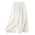 thumbnail image 1 of BVnarty Women's Loose Fit Linen Blend Palazzo Pants High Waist Floral Embroidery Drawstring Wide Leg Pants with Pockets White M, 1 of 5
