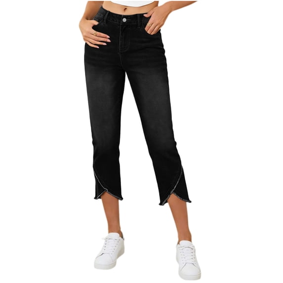 BVnarty Women's Mid-Rise Cropped Jeans, Button Fly Tulip Hem Denim Capri Pants with Back Pockets, Slim Fit for Weekend Casual Wear Black XL