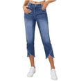 thumbnail image 1 of BVnarty Women's Mid-Rise Cropped Jeans, Button Fly Tulip Hem Denim Capri Pants with Back Pockets, Slim Fit for Weekend Casual Wear Blue L, 1 of 6
