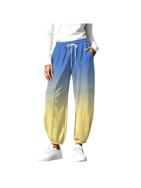 Women's Ombre Gradient Print Barrel Jogger Sweatpants with Side Pockets Drawstring Elastic Waist for Casual Outings Blue M