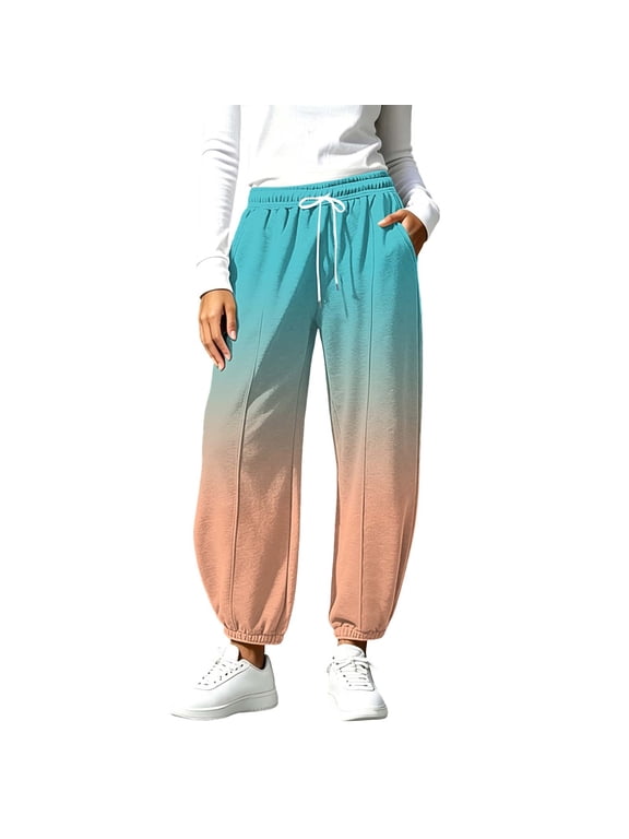 Women's Ombre Gradient Print Barrel Jogger Sweatpants with Side Pockets Drawstring Elastic Waist for Casual Outings Mint Green S
