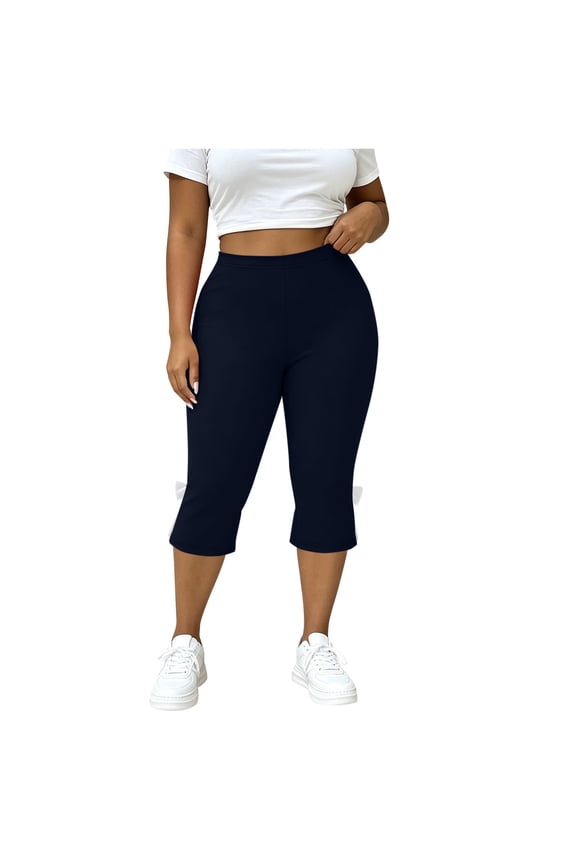 Women's Plus Size Yoga Capri Leggings, High Waist Bow Tie & Split Hem, Stretch Workout Pants for Sports & Lounging Navy L