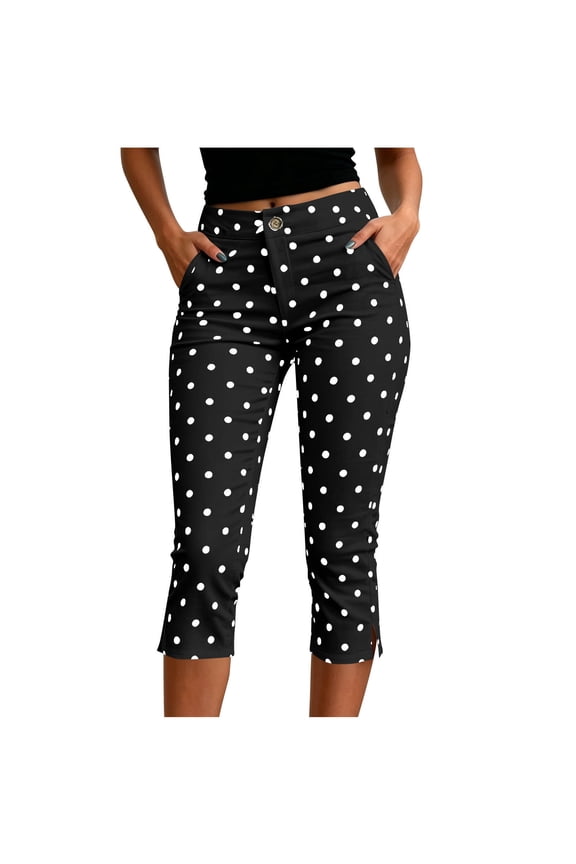 Women's Polka Dot Print Capri Pants, Button & Zipper Pocket with Side Slit, Fun Casual Yoga Style Trousers Black S