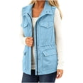 thumbnail image 1 of BVnarty Women's Sleeveless Utility Vest Lapel Collar Waist Drawstring Multi Pockets for Fall Winter Daily Casual Wear Light Blue XXL, 1 of 8